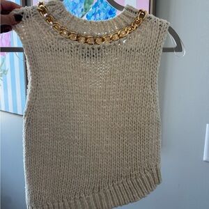 Zara Cream Chunky Knit Sleeveless Top with Gold Chain Detail